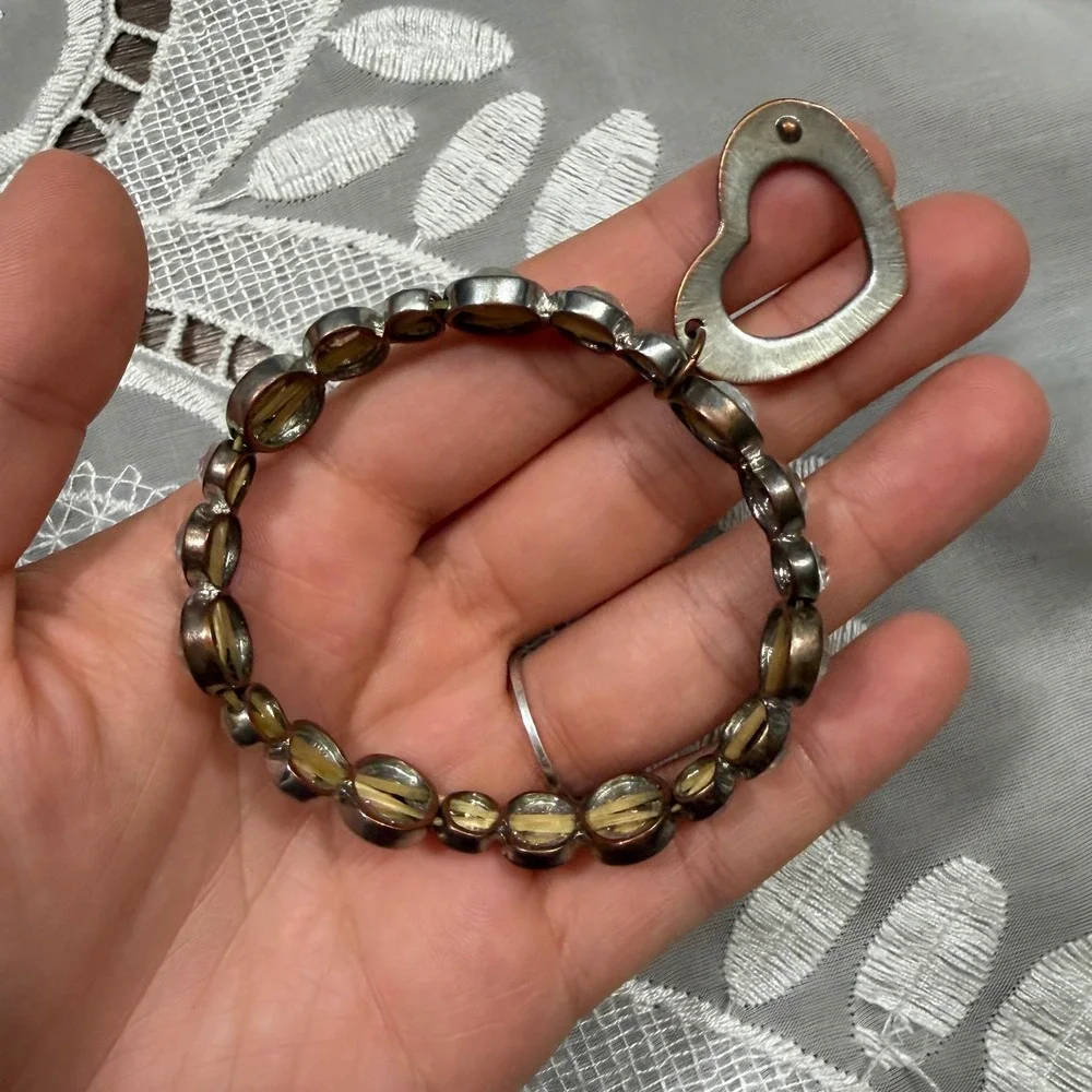 Y2K Mcbling Bebe Silver Tone Crystal Stretch Bracelet with Open Heart Charm Logo